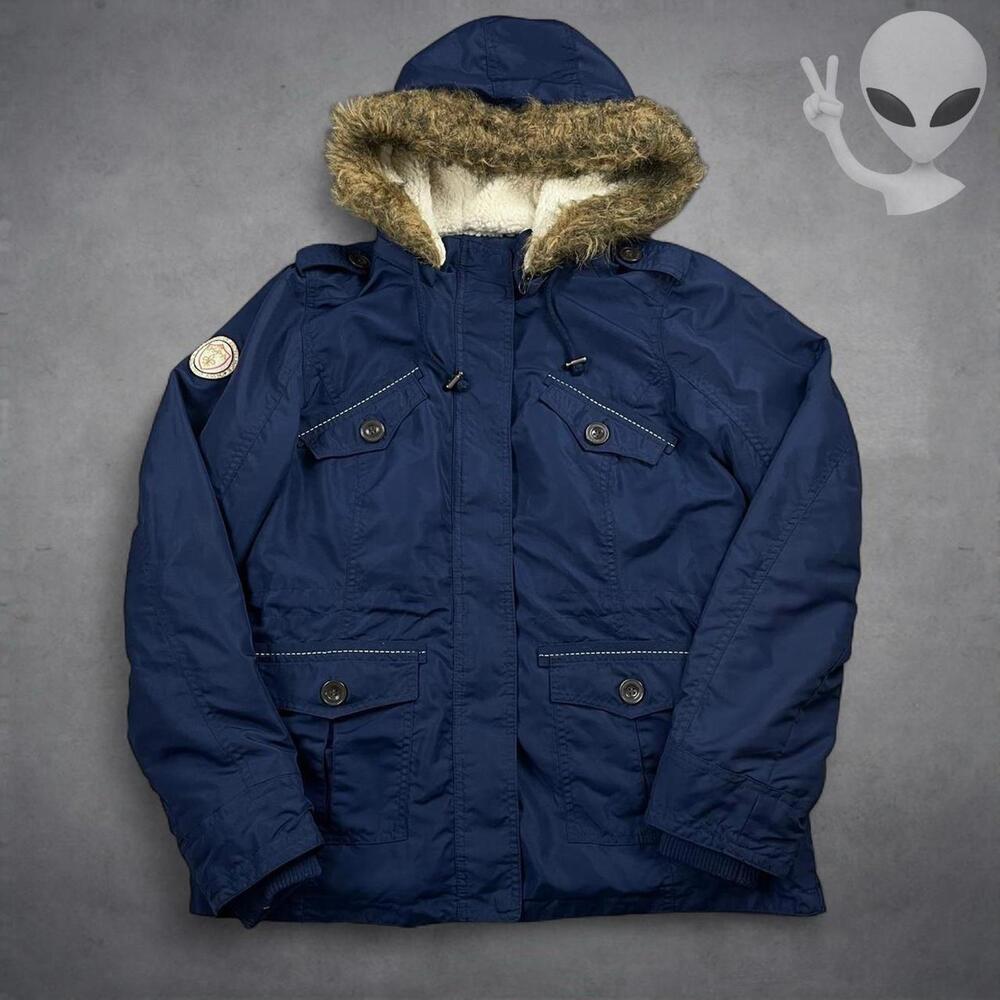 U.S. Polo Assn Sherpa Fleece Lined Parka Jacket Womens L Navy Faux Fur Hood